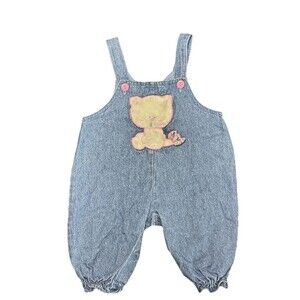 Vintage Cat Embroidery Toddler Overalls 6-9M – Lightweight Denim  Pink Buttons